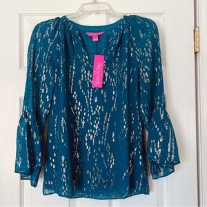 Lilly Pulitzer Matilda silk top in Fish Clip Chiffon blue green teal NWT XXS